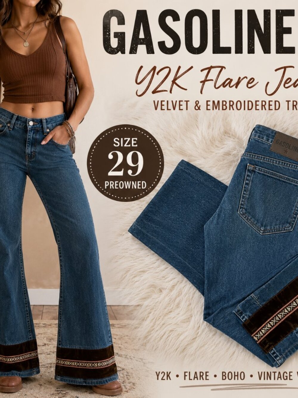 Gasoline Y2K Flare Jeans 29 Velvet Embroidered Hem Low Rise Boho Festival